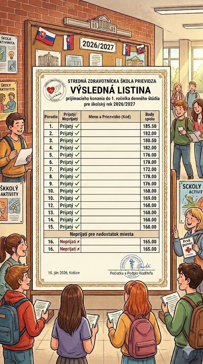 Výsledná listina uchádzačov do 1. ročníka denného štúdia pre šk. rok 2026/2027